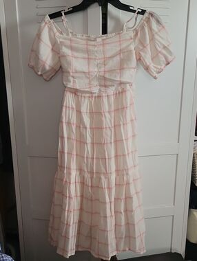 Cat & Jack Cream and Pink Checked Off-Shoulder Midi Dress